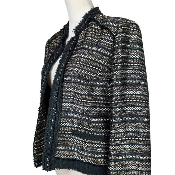Chico's Sz 1 US 8 Royal Tweed Black Gold Metallic Fringe Trim Open Jacket Blazer - Picture 8 of 14